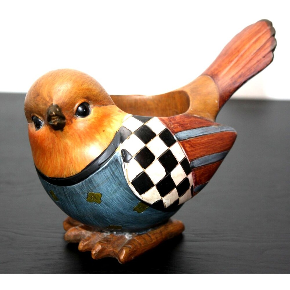 Hand-Painted Resin Bird with Checkered Pattern Wings